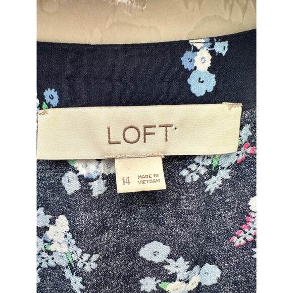 LOFT | Navy Blue Floral Midi Dress Puff Sleeve Belted V-Neck | Size 14 - Picture 6 of 7